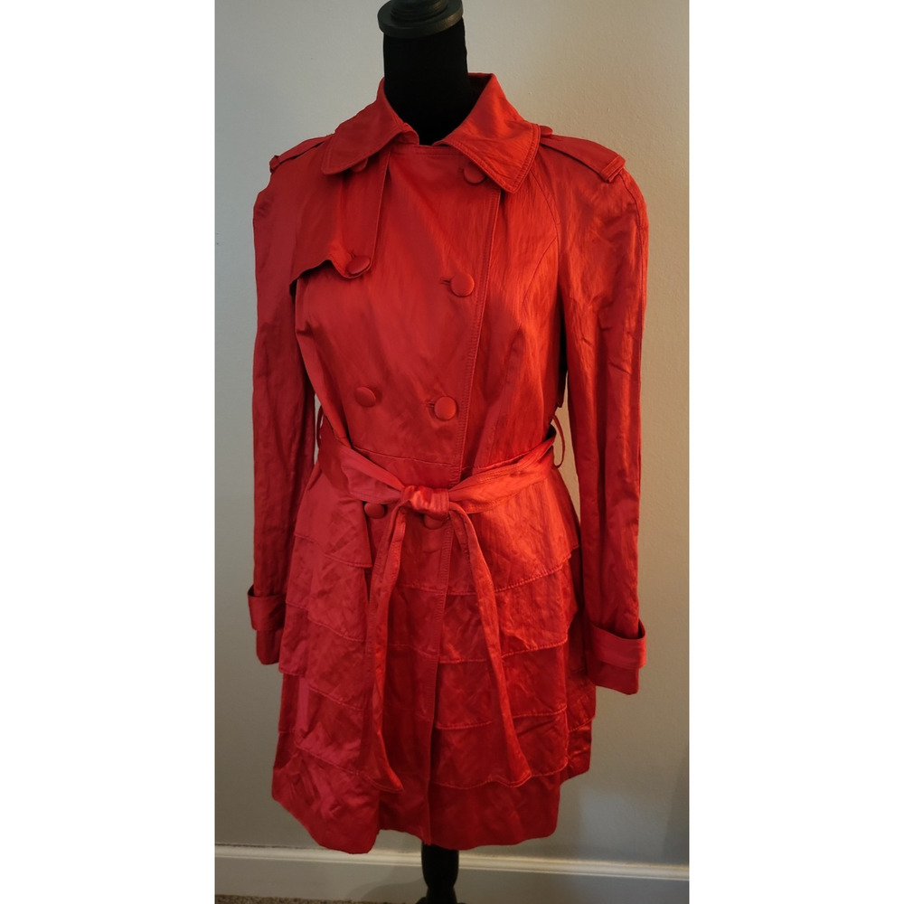 I.N.C. Trench Coat Womens S Shimmering Red Tiered Double Breasted Vamp Siren Art